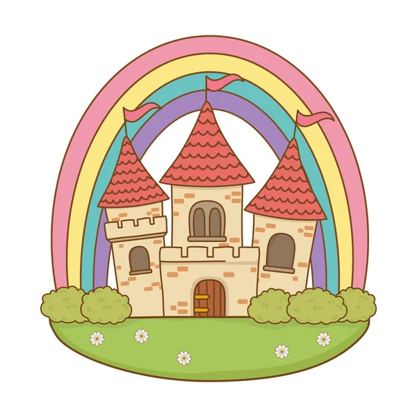 Castillo de cuento de hadas con arco iris en la escena de campo — Vector de stock