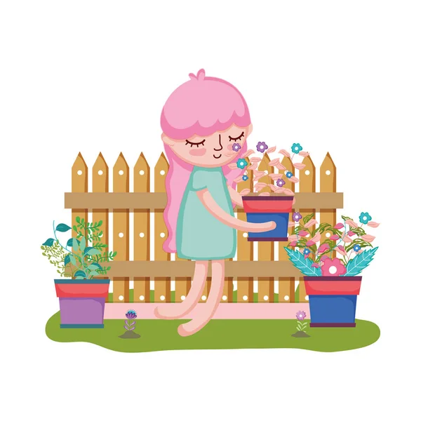 Niña levantando planta de interior con valla en el jardín — Vector de stock