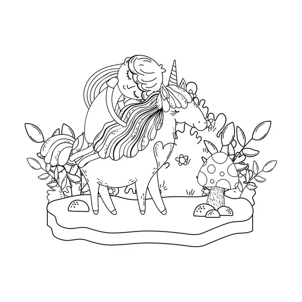 Hermoso unicornio con princesa en el paisaje — Vector de stock