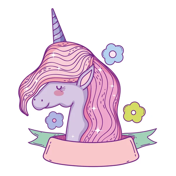 Unicorn kecil yang indah dengan bunga dan pita bingkai - Stok Vektor