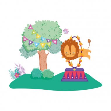 sevimli aslan sirk atlama yangın halkası