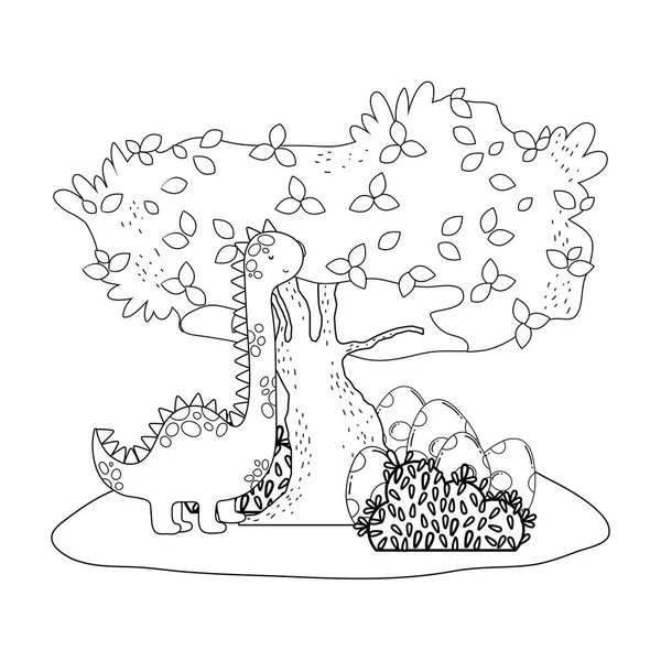 風景の中の木とかわいいアパトサウルス — ストックベクタ