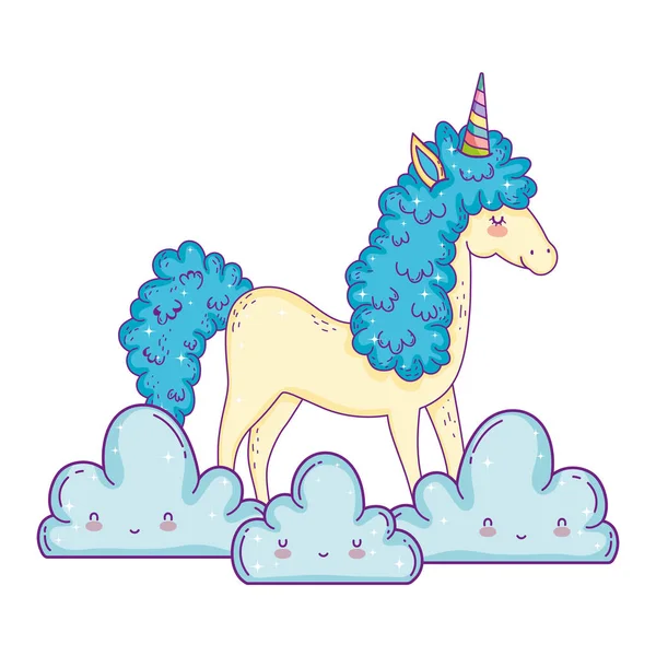 Hermoso unicornio en las nubes — Vector de stock