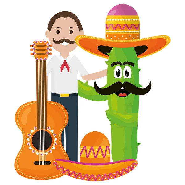 Mexicain homme avec des cactus et des personnages de guitare — Image vectorielle