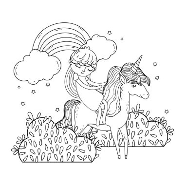 gökkuşağı ile manzara içinde Unicorn ve Prenses