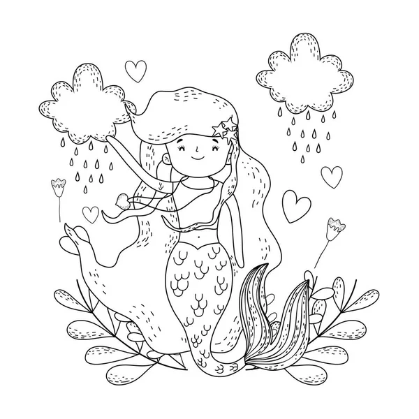 Cute mermaid under sea with seaweed — Stock Vector