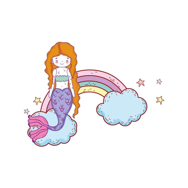 Linda sirena con nubes y arco iris — Vector de stock