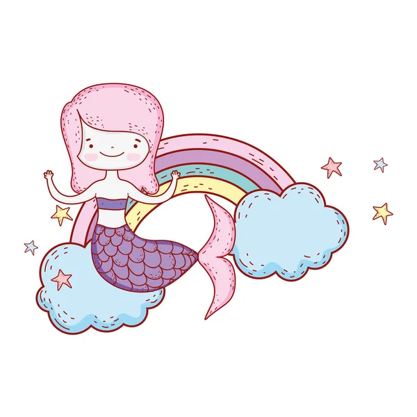 Niedliche Meerjungfrau mit Wolken und Regenbogen — Stockvektor