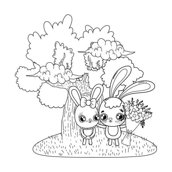 Cute rabbits couple with flowers valentines day — Stock Vector