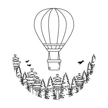 çam ağaçları ile uçan sıcak hava balonu