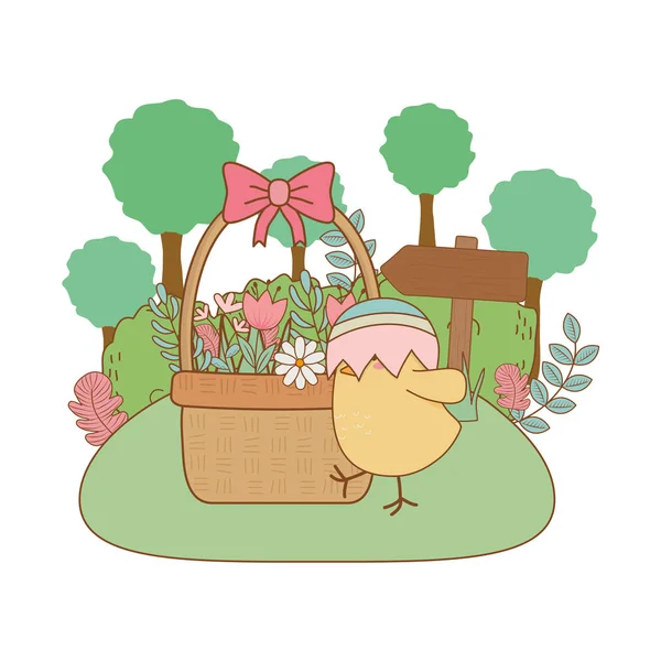 Little chick with egg broken in the garden easter character — Stock Vector