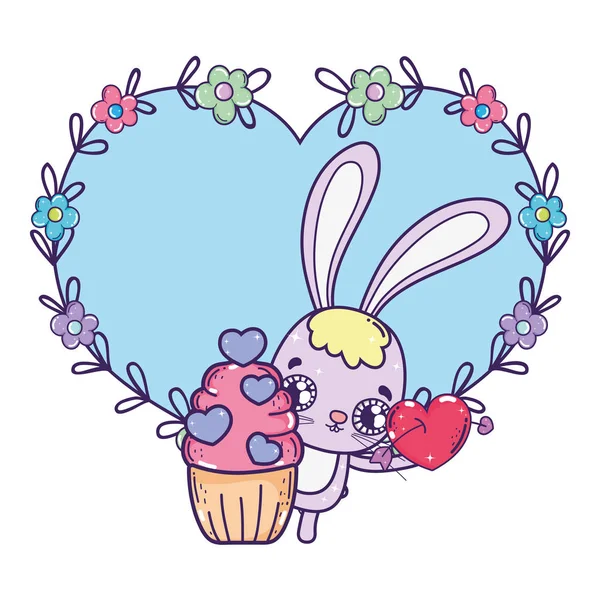 Lindo conejo con cupcake tarjeta de día de San Valentín — Vector de stock