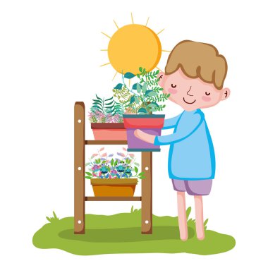 küçük çocuk raf ile houseplant kaldırma