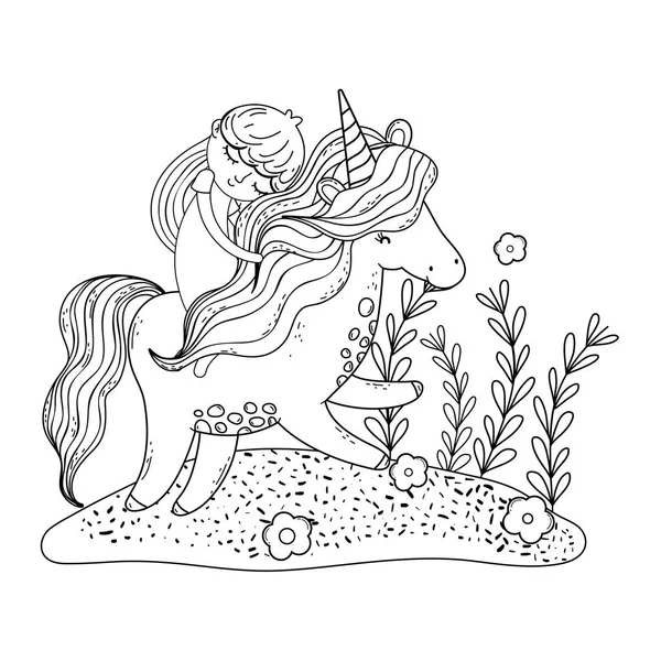Beautiful little unicorn with princess in the landscape — Stock Vector