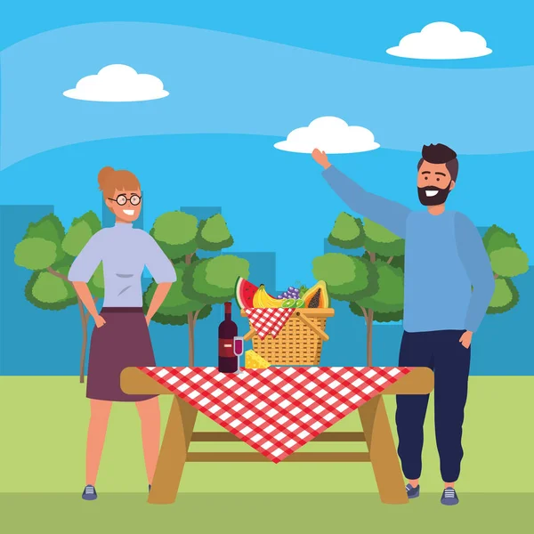 Millennial Paar Smartphone Selfie Picknick Hintergrund — Stockvektor