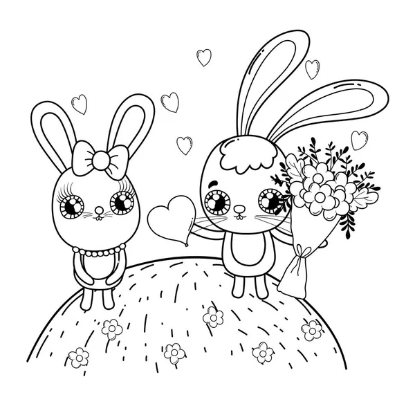 Lindo conejos pareja con flores día de San Valentín — Vector de stock