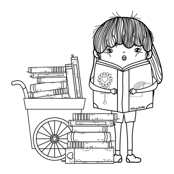 Menina feliz lendo livros com carrinho —  Vetores de Stock