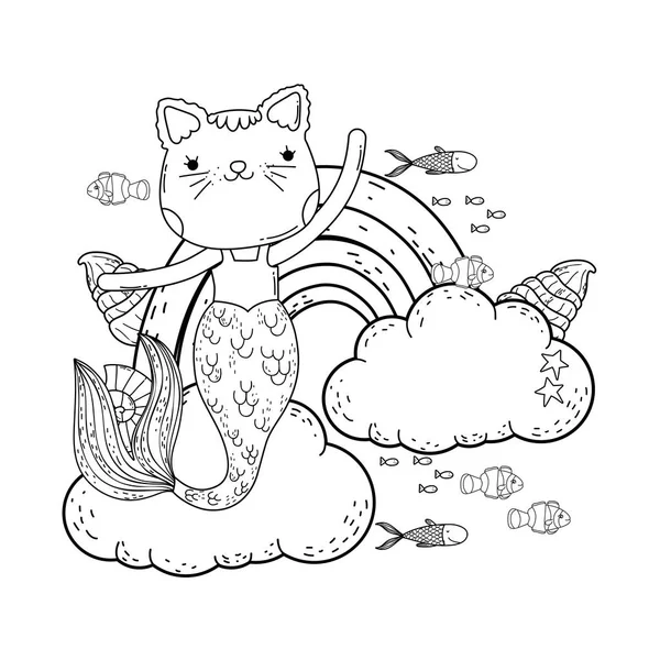Purrmaid with clouds and rainbow undersea — Stock Vector