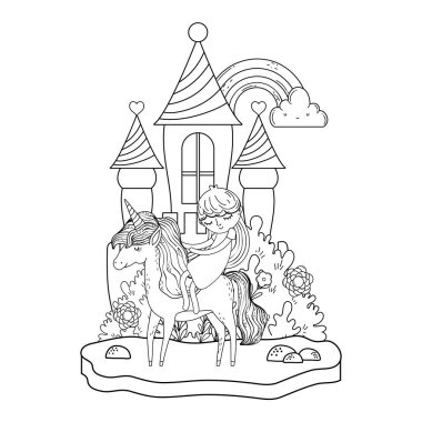 gökkuşağı ile kalede tek boynuzlu at ve Prenses