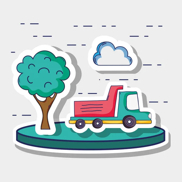 Camión de transporte con parches de nubes y árboles — Vector de stock