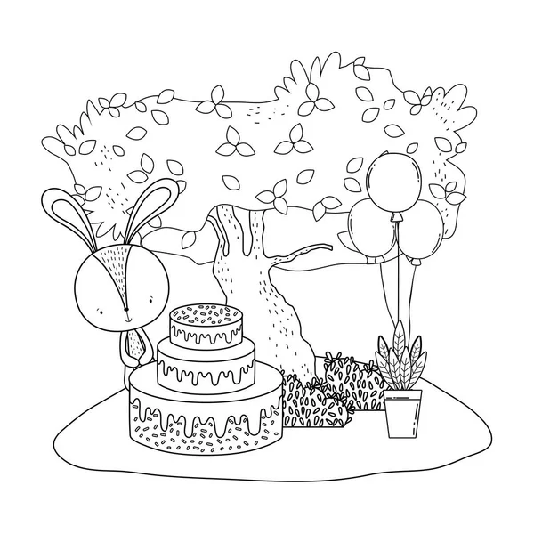 Hase mit süßem Kuchen und Luftballons in der Landschaft — Stockvektor