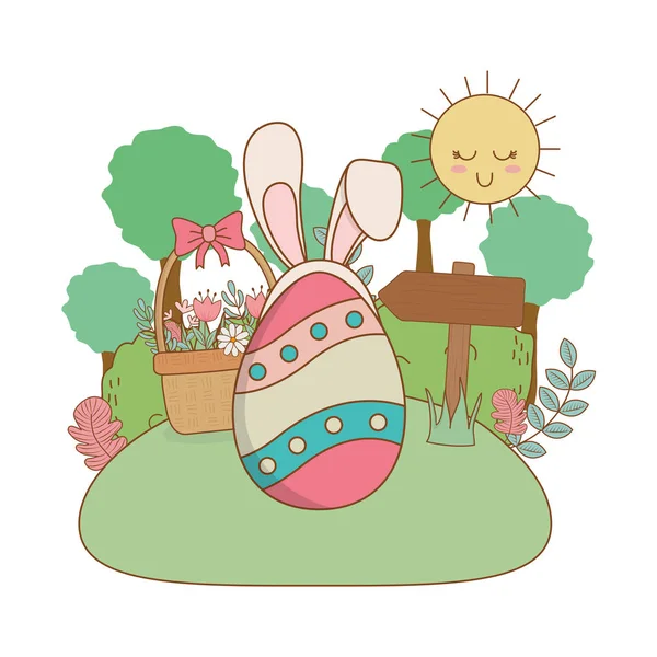 Beautitul egg painted with ears rabbit in the garden — Stock Vector