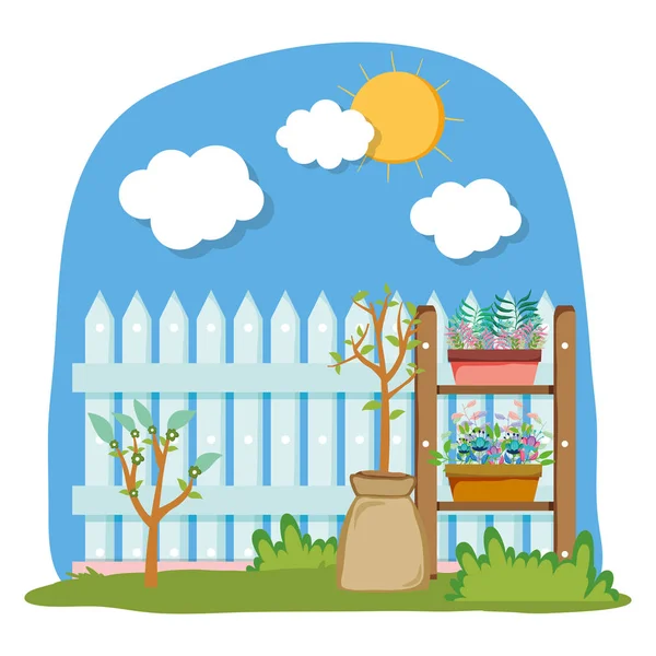 Chelf trädgård och staket med krukväxter — Stock vektor