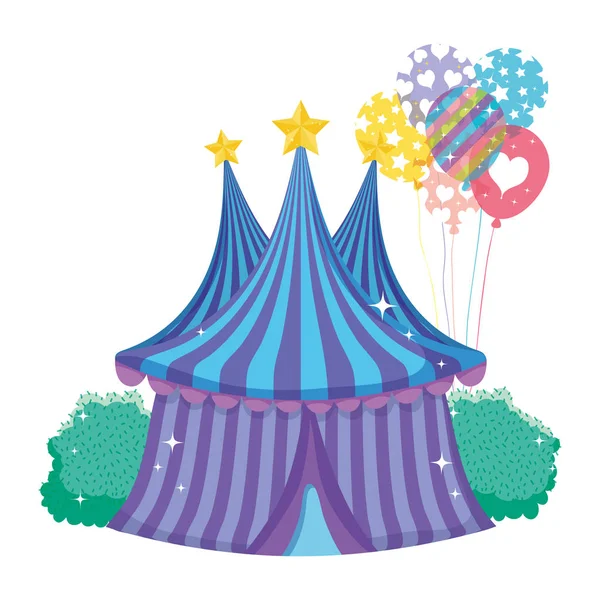 Linda carpa de circo con globos helio — Vector de stock