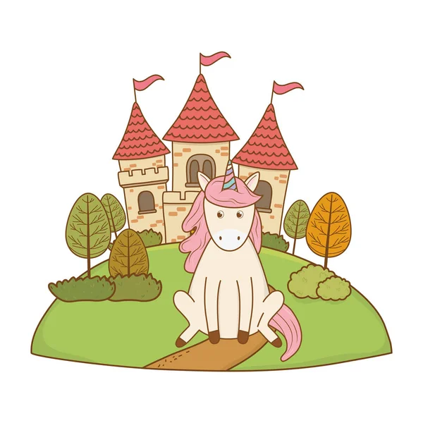 Mignon conte de fées licorne avec château dans le paysage — Image vectorielle