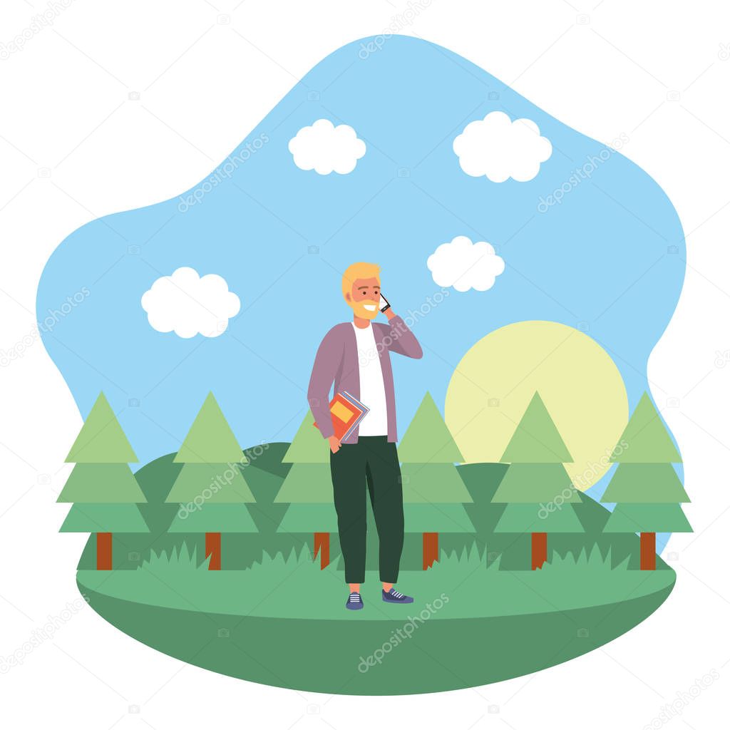 Millennial student outdoors using smartphone background frame