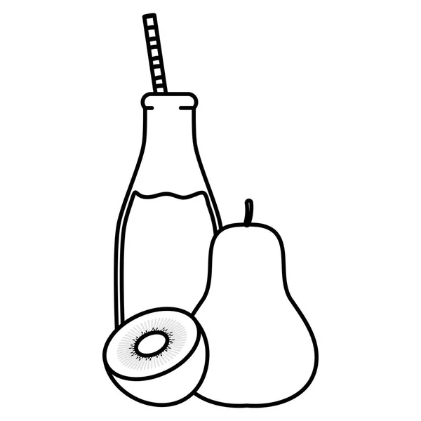 Φρέσκο χυμό ακτινίδιο και αχλάδι σε Εμφιαλωτικό με άχυρο — Διανυσματικό Αρχείο