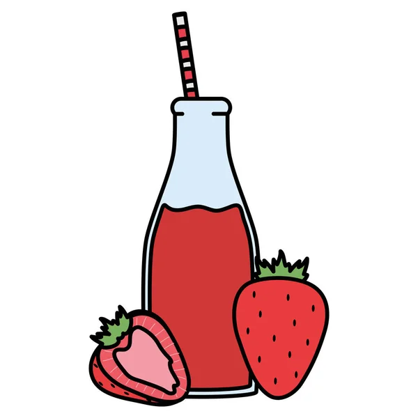 Frische Erdbeeren Saft Früchte in Flaschen mit Stroh — Stockvektor