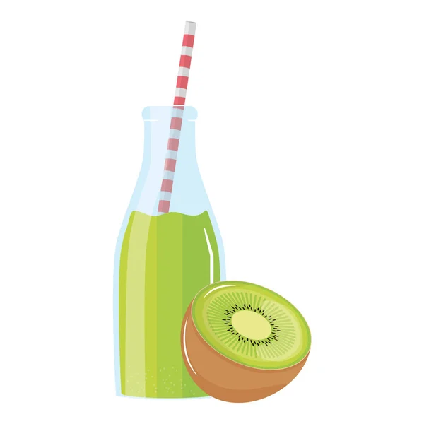 Свежий сок киви фрукты в бутылке с соломой — стоковый вектор