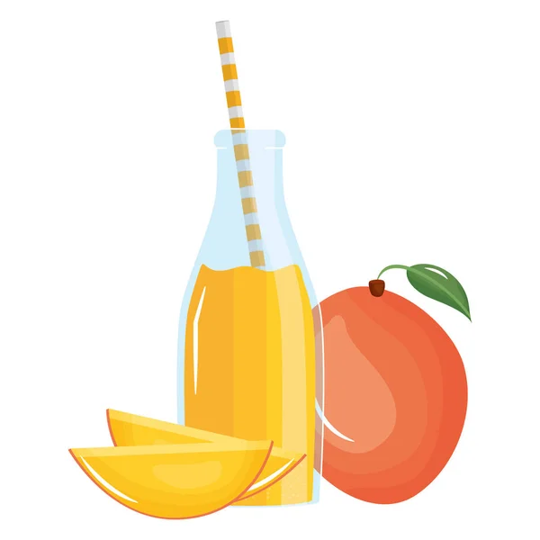 Zumo de mango fresco en botella con paja — Vector de stock