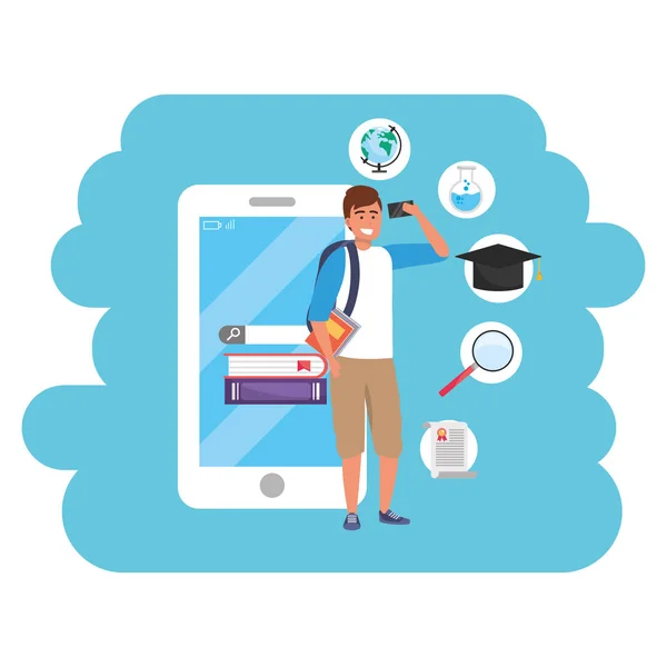 Éducation en ligne étudiant millénaire en utilisant smartphone cadre éclaboussure — Image vectorielle