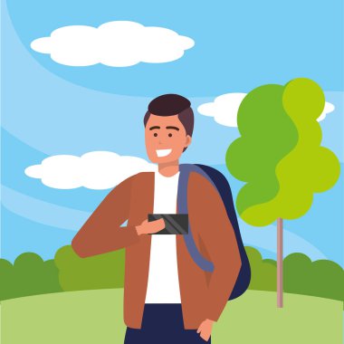 Bin yıllık öğrenci akıllı telefon açık havada kullanarak