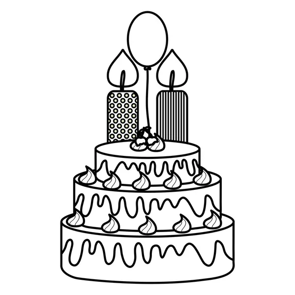 Delicioso bolo doce com cerejas e velas, hélio balão — Vetor de Stock