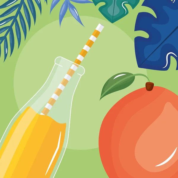 Свіжі фрукти соку манго в бульбашці з соломою в долонях листя — стоковий вектор