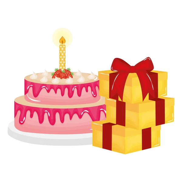 Delicioso pastel dulce con vela y regalos — Vector de stock