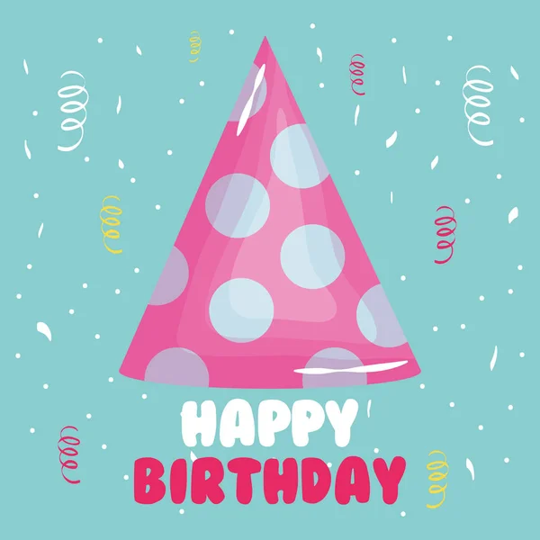 Happy birthday card with party hat and confetti — Stock Vector