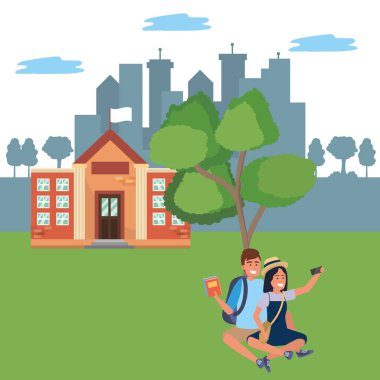 Kampüs arka planda bin yıllık öğrenci çift