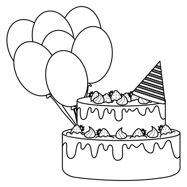 Délicieux gâteau sucré aux fraises et ballons hélium — Image vectorielle