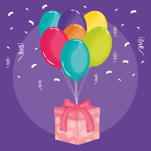 Feliz tarjeta de cumpleaños con regalo y globos de helio — Archivo Imágenes Vectoriales