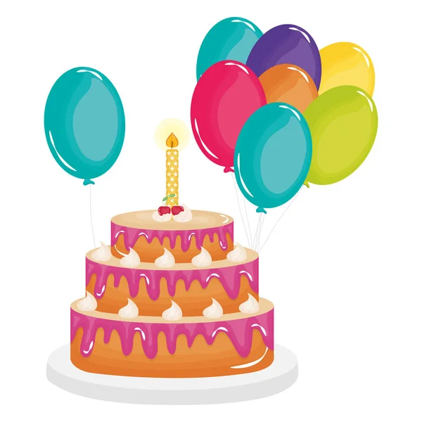 Lahodný sladký dort se třešně a svíčkami, balónky helium — Stockový vektor