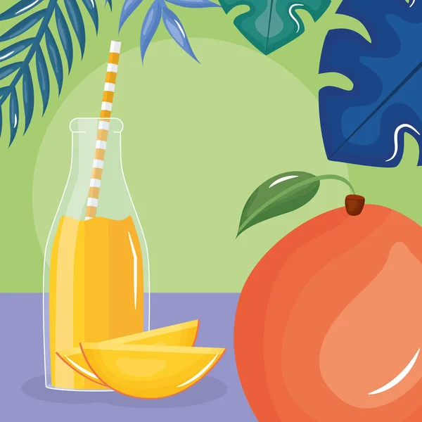 Свіжі фрукти соку манго в бульбашці з соломою в долонях листя — стоковий вектор