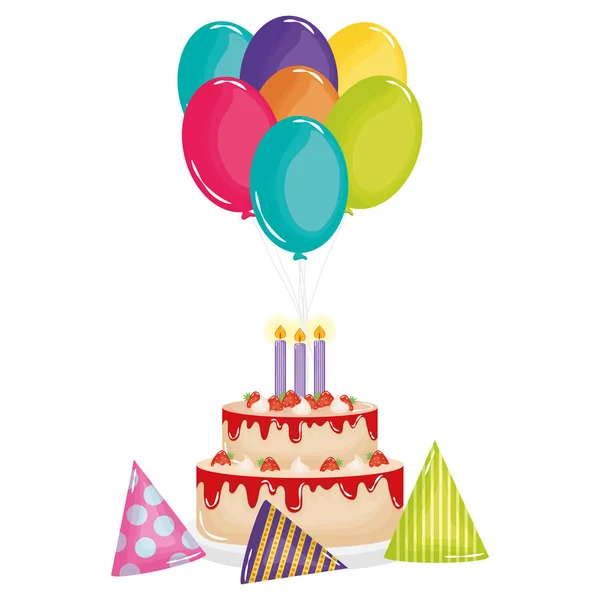Вкусный сладкий торт с клубникой и свечами, воздушные шары гелий — стоковый вектор
