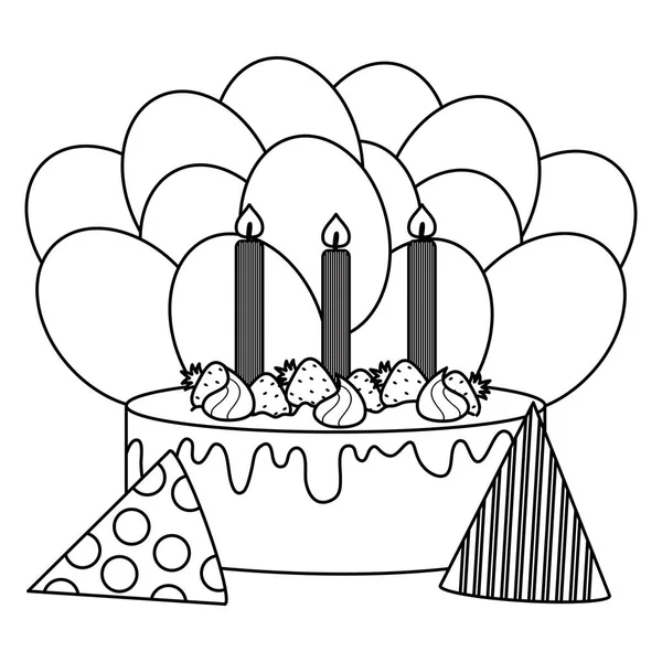 Délicieux gâteau sucré aux fraises et bougies, ballons hélium — Image vectorielle