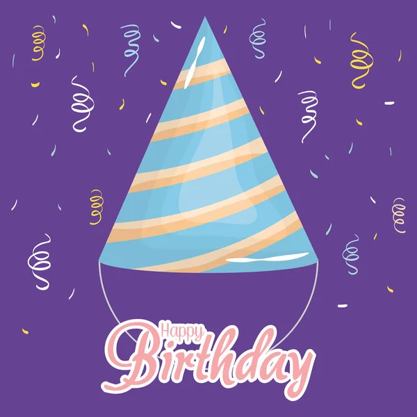 Tarjeta de cumpleaños feliz con sombrero de fiesta y confeti — Archivo Imágenes Vectoriales