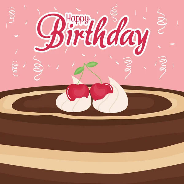 Tarjeta de cumpleaños feliz con pastel dulce con cerezas — Archivo Imágenes Vectoriales