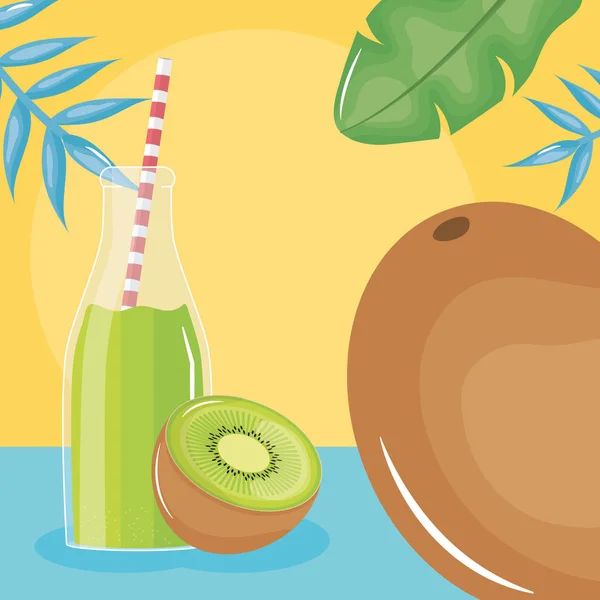 Fresh juice kiwi fruit in botttle with straw in leafs palms — Stock Vector